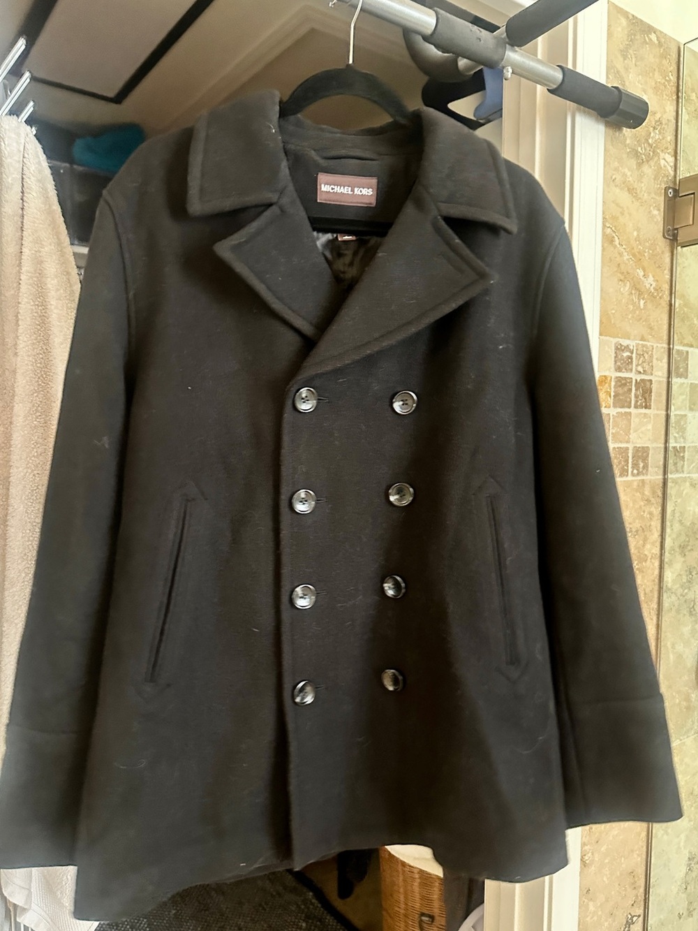 Michael Kors Men's Black Wool Pea Coat Double Breasted Winter Jacket
